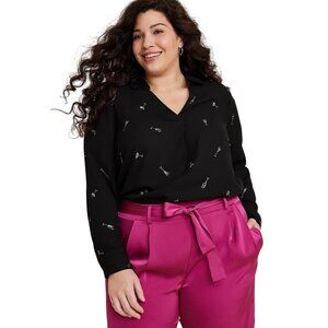 Maurices Shirt Size Small Cocktail Glass Print V Neck Long Sleeve Business Work